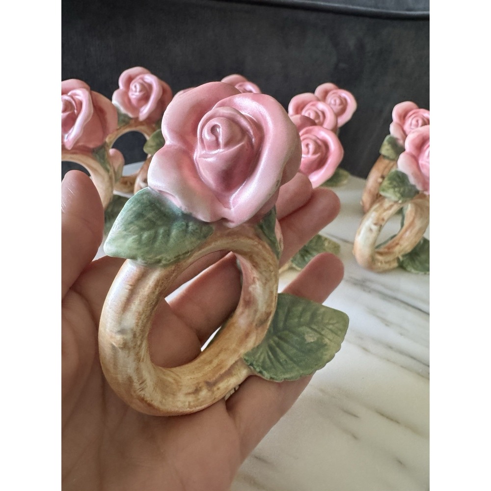 Vintage Fitz & Floyd Blushing Rose Napkin Rings Set Of 10